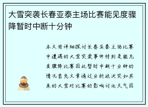 大雪突袭长春亚泰主场比赛能见度骤降暂时中断十分钟